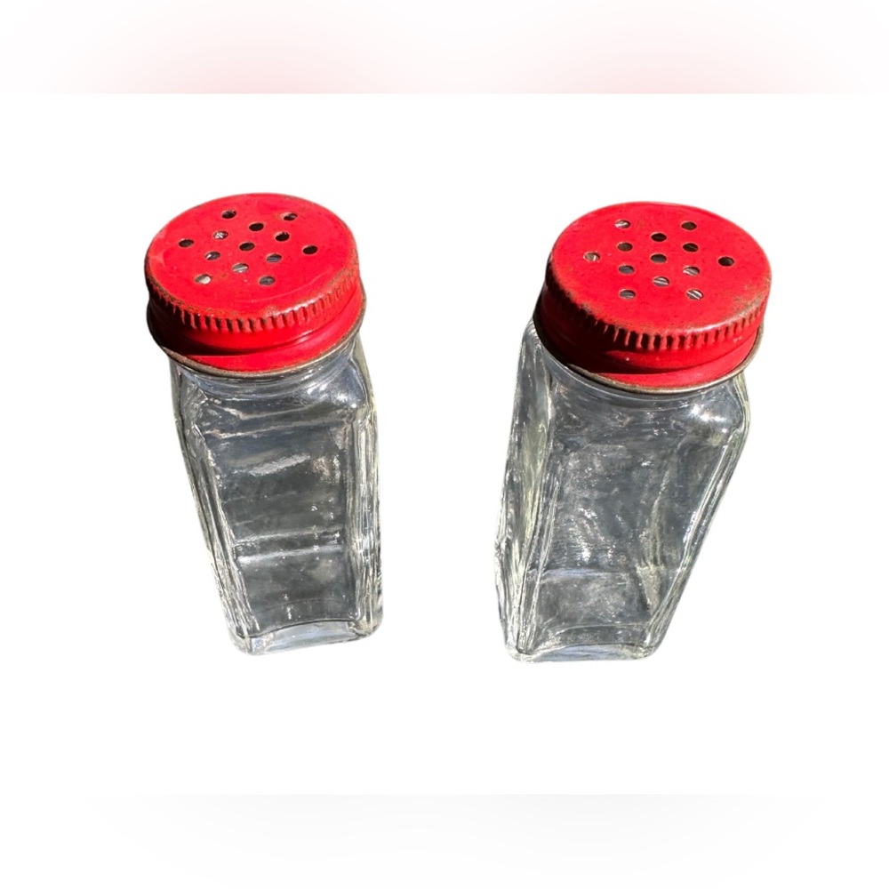 Vintage Clear Glass with Red Metal Lid Salt-n-Pepper Shaker Set